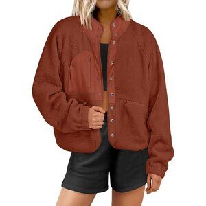 Women's Fuzzy Fleece Rust Long Sleeve Button Down Jacket Coats Casual Outwear